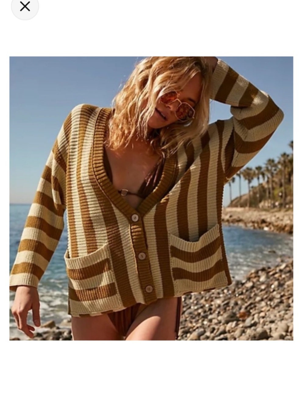 FP Beach High Tide Cardigan Sz XL Olive and Cream Striped V-Neck Coastal Vibes - Picture 8 of 9